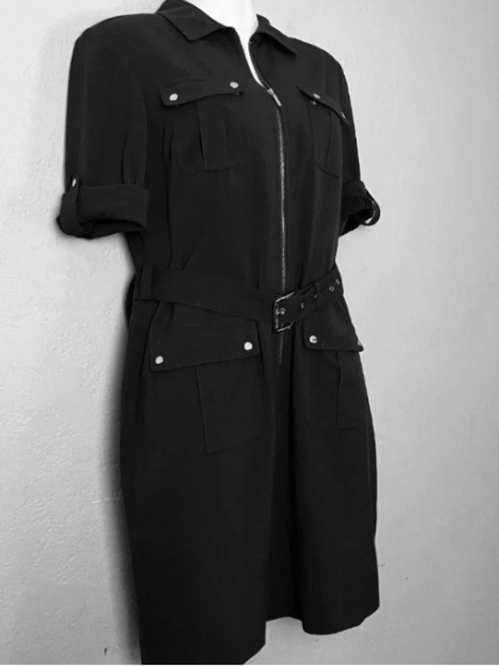 Michael Kors Black Zip Front Belted Shirt Dress Roll Tab Sleeve Women’s L